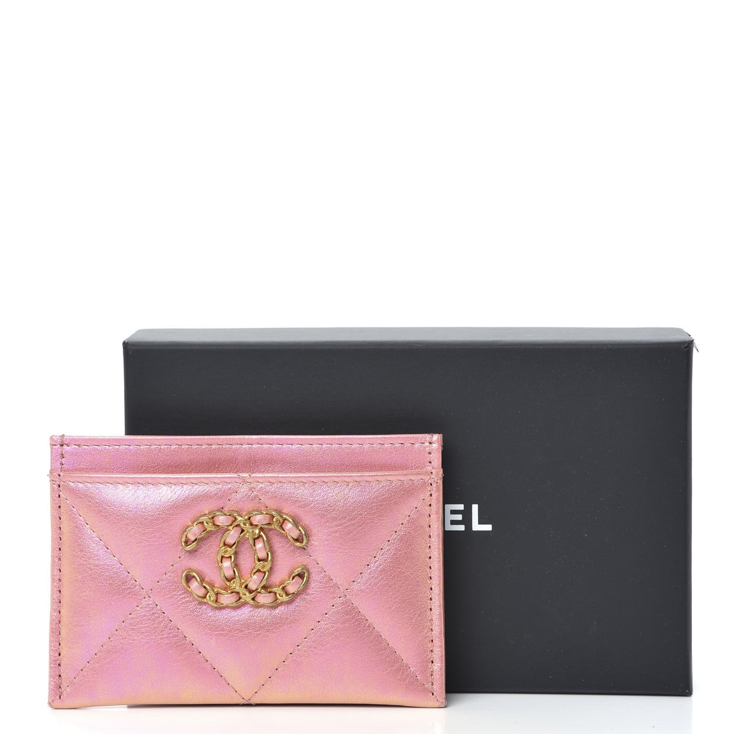 Iridescent Calfskin Quilted Chanel 19 Card Holder Pink