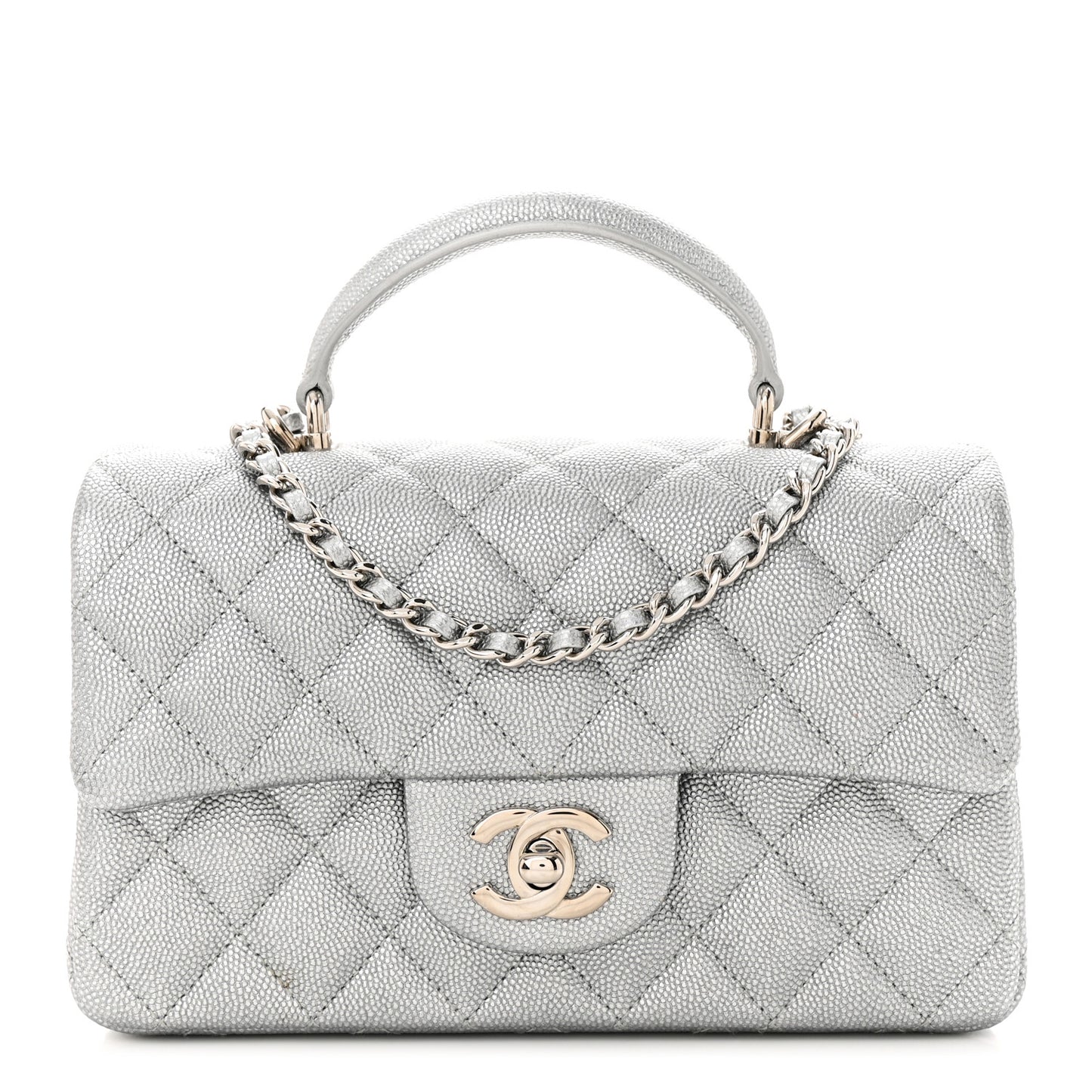 Metallic Caviar Quilted Mini Top Handle Rectangular Flap Silver