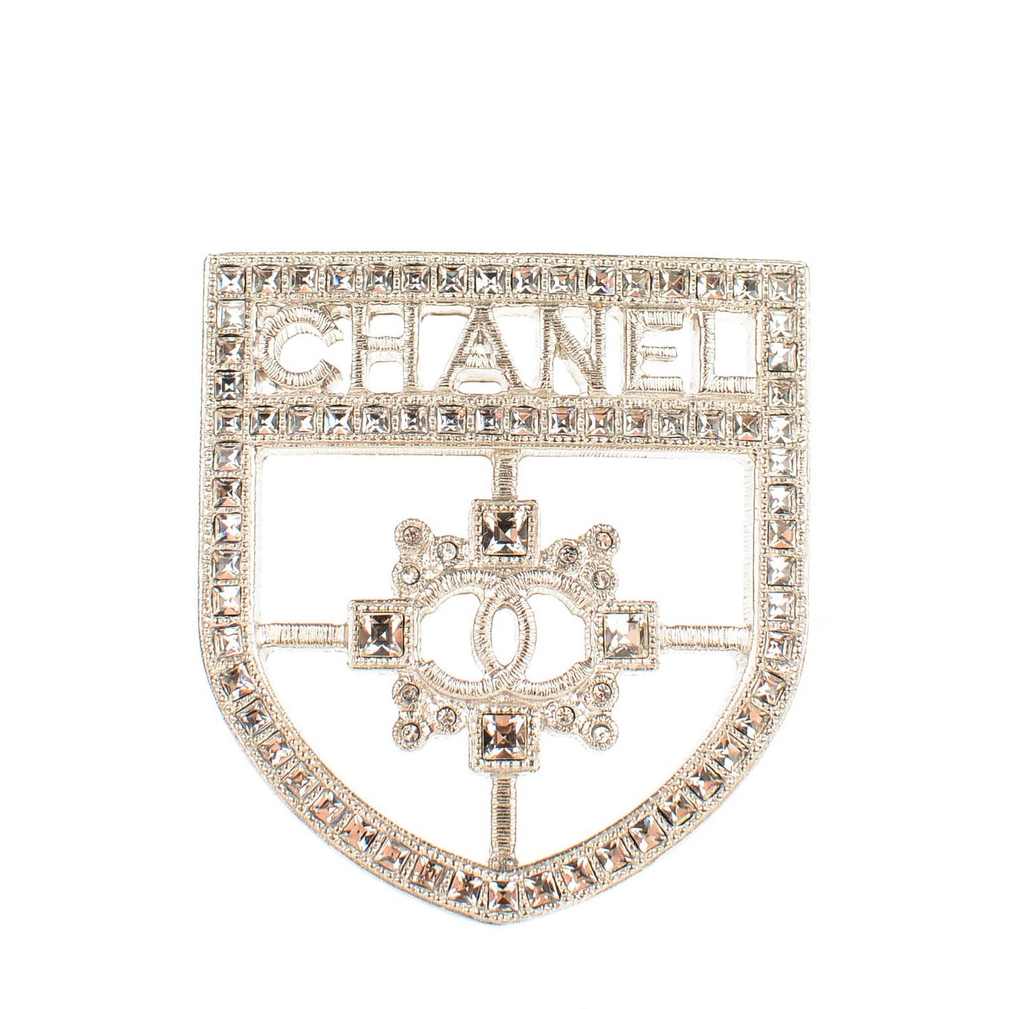 Swarovski Baguette Crystal CC Shield Brooch Silver