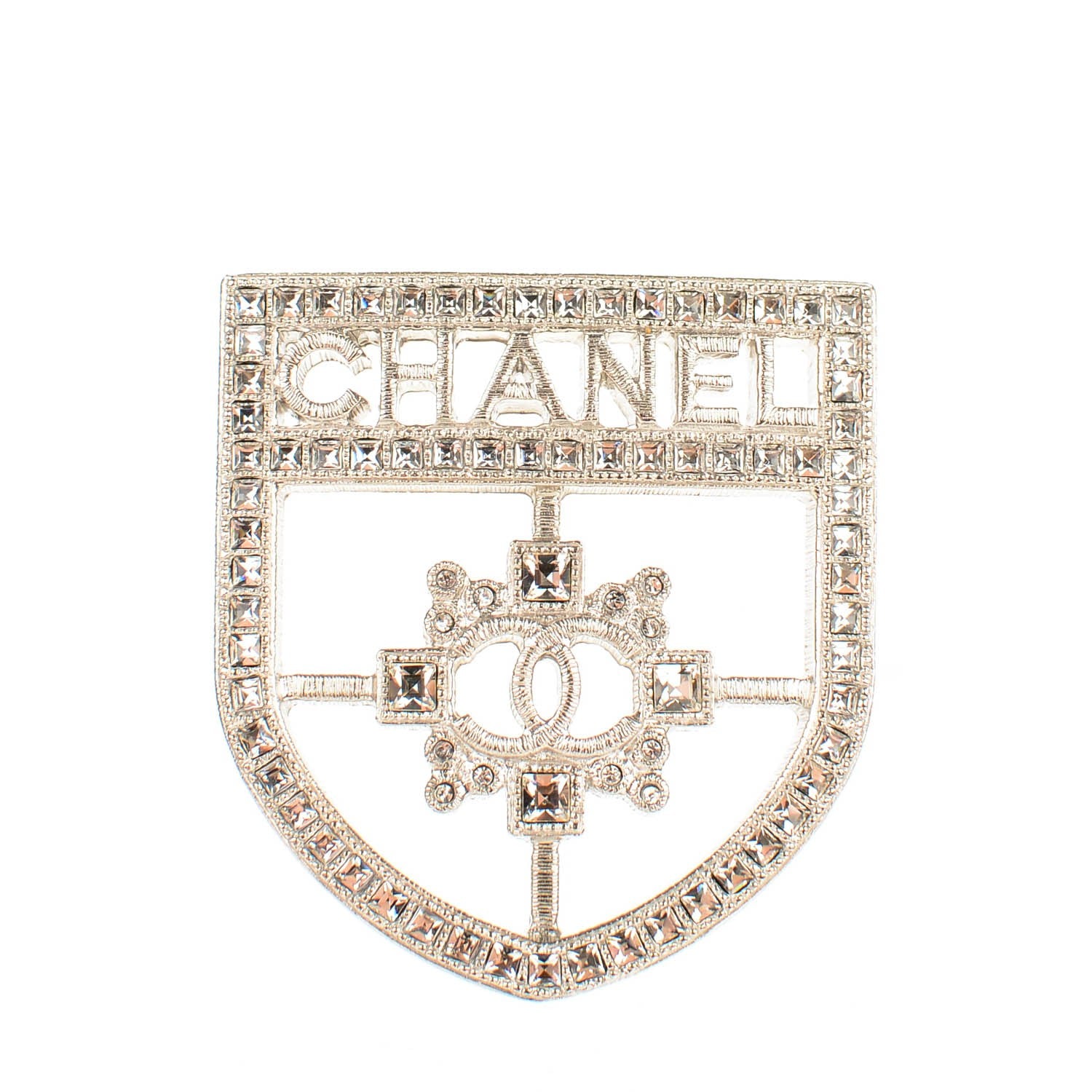 Chanel Swarovski Baguette Crystal CC Shield Brooch Silver 1 of 5