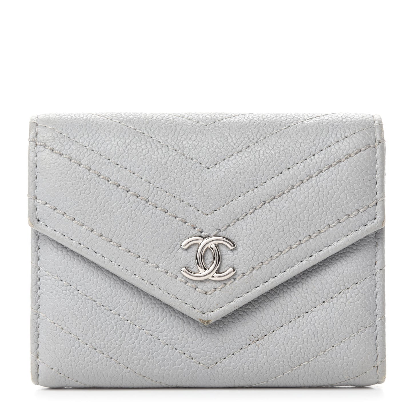 Caviar Chevron Quilted Card Holder Flap Wallet Grey