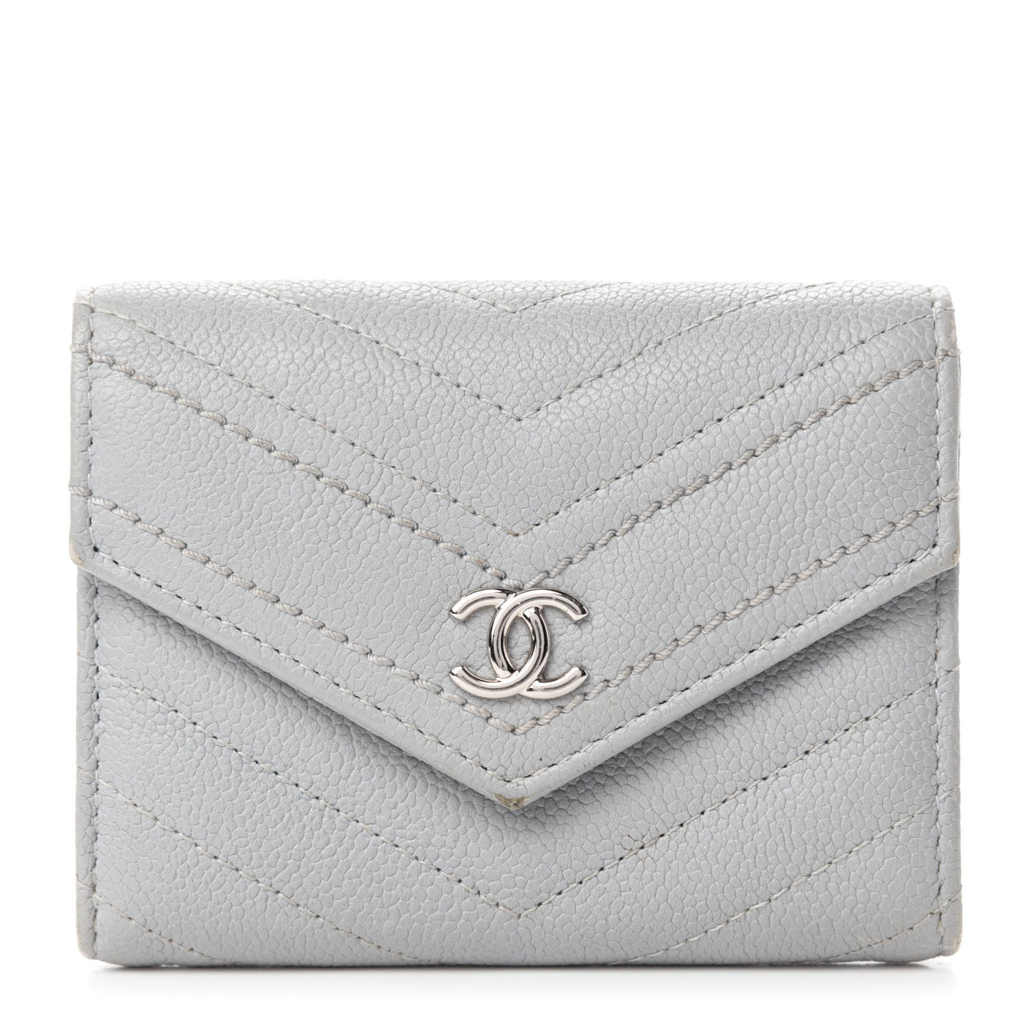 Chanel Caviar Chevron Quilted Card Holder Flap Wallet Grey 1 of 9