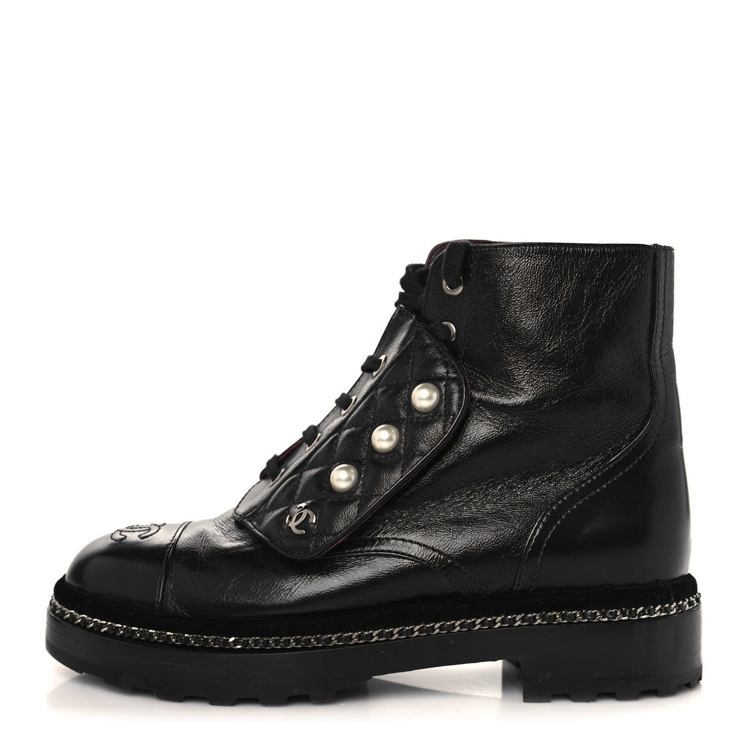 Chanel Crackled Calfskin Velvet Pearl Combat Short Boots 37 Black 1 of 9