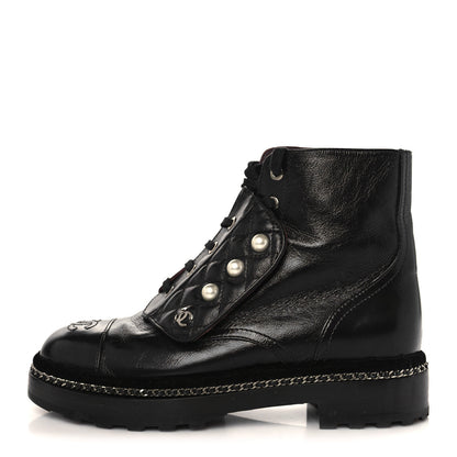 Chanel Crackled Calfskin Velvet Pearl Combat Short Boots 37 Black 1 of 9