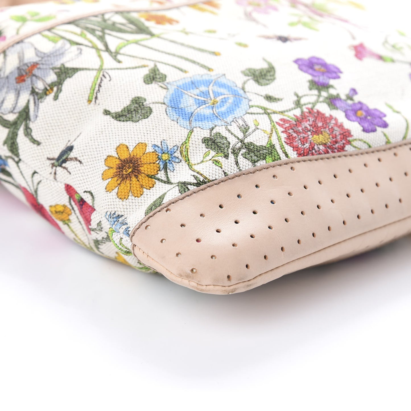 Canvas Calfskin Flora Perforated Medium Flat Messenger Bag White
