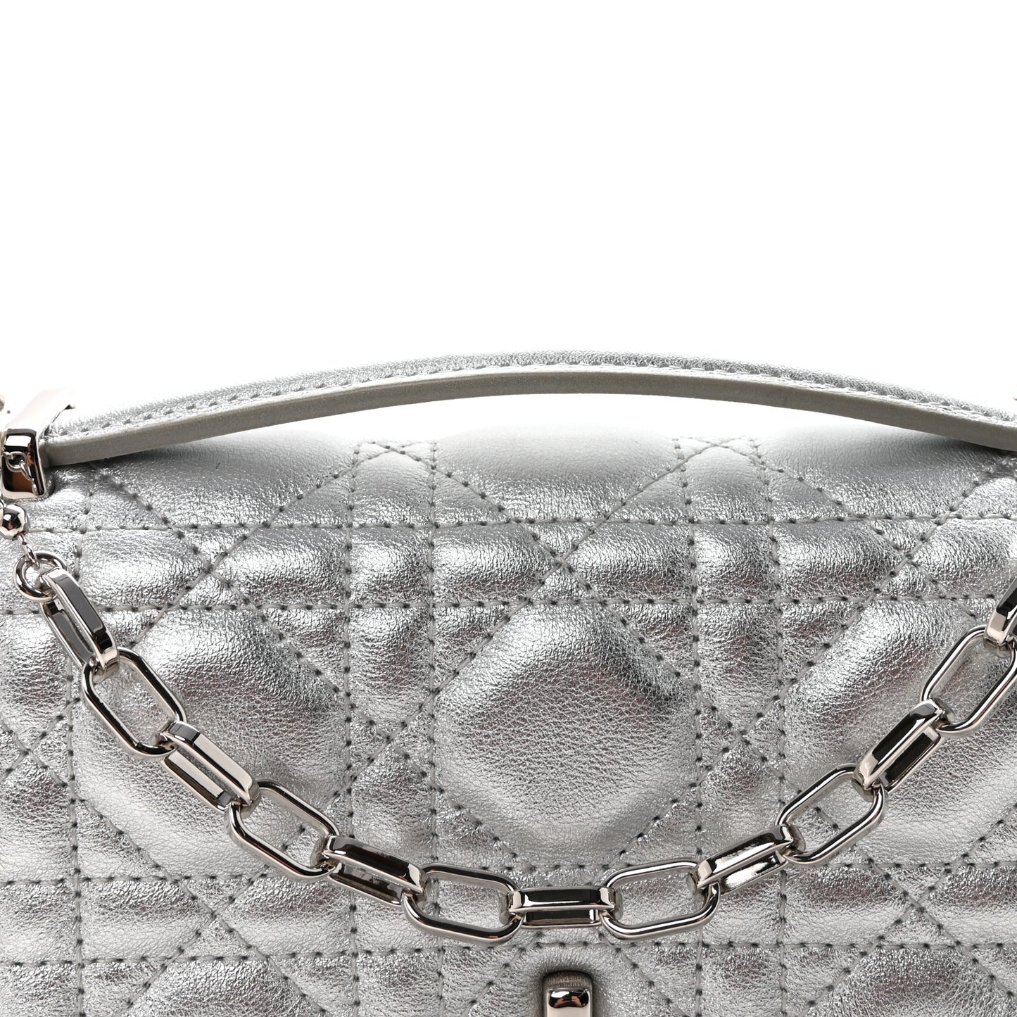 Metallic Lambskin Cannage Mini My Dior Top Handle Clutch Silver