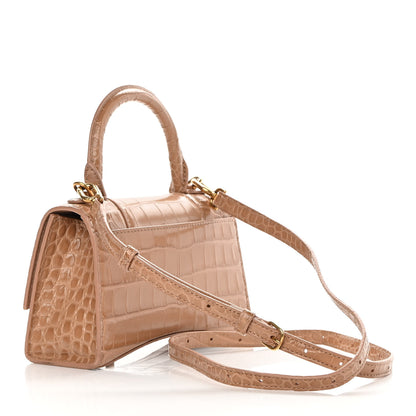 Balenciaga Shiny Calfskin Crocodile Embossed Hourglass Top Handle Bag XS Nude Beige 3 of 16
