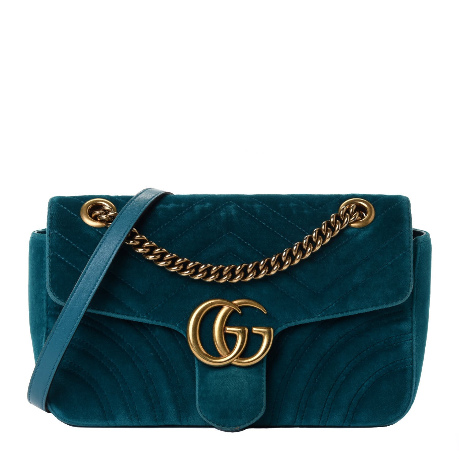 Gucci Velvet Matelasse Small GG Marmont Shoulder Bag Pavone Cyan 1 of 4