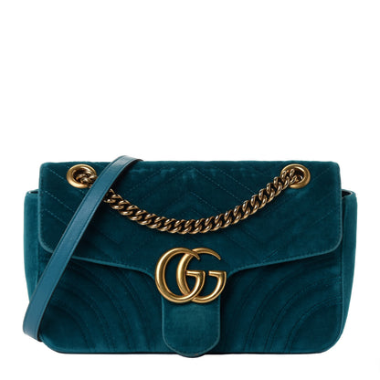 Gucci Velvet Matelasse Small GG Marmont Shoulder Bag Pavone Cyan 1 of 4