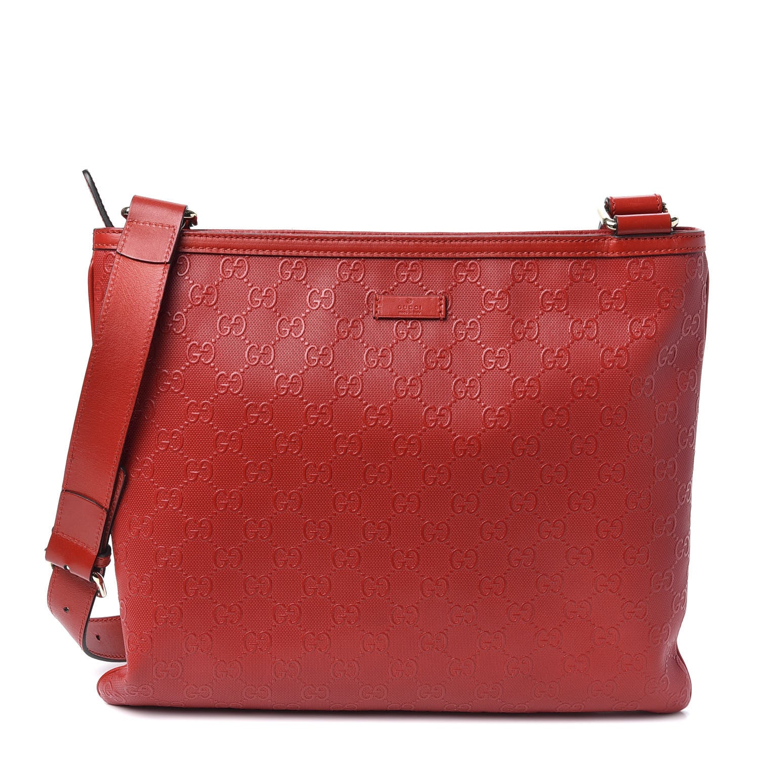 Gucci Coated Canvas Monogram Embossed Medium Flat Messenger Bag Red 1 of 9