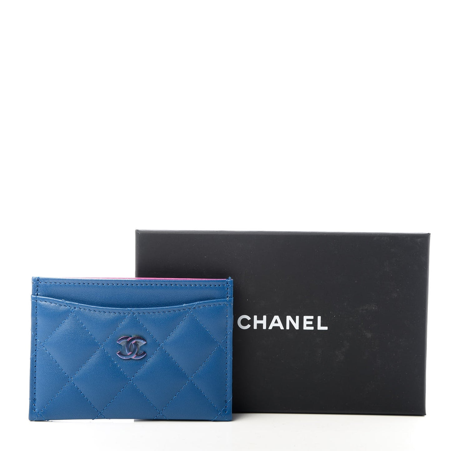 Lambskin Quilted Card Holder Blue Pink