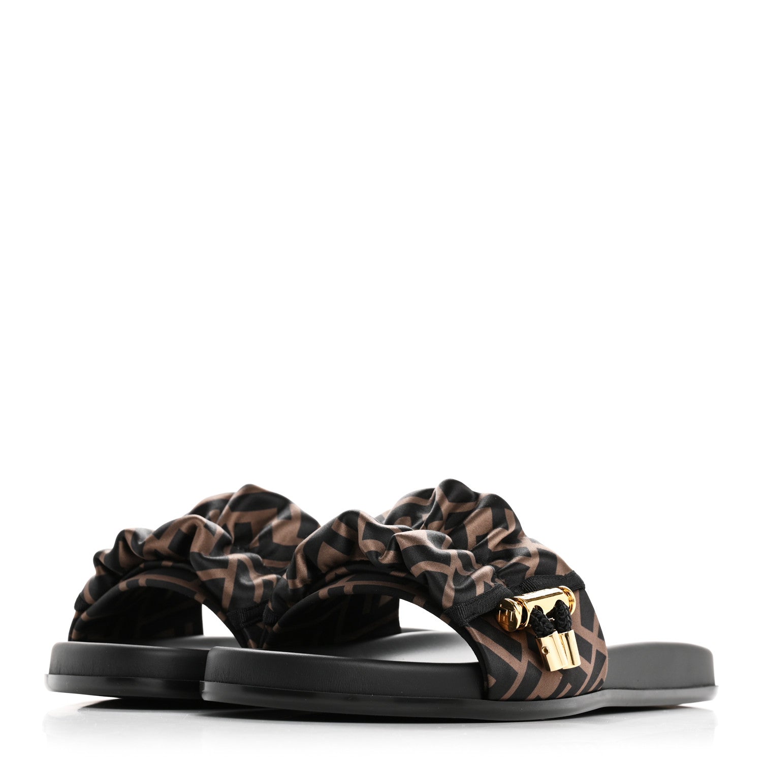 Fendi Satin FF Fendi Feel Slide Sandals 37 Tobacco Black 4 of 9