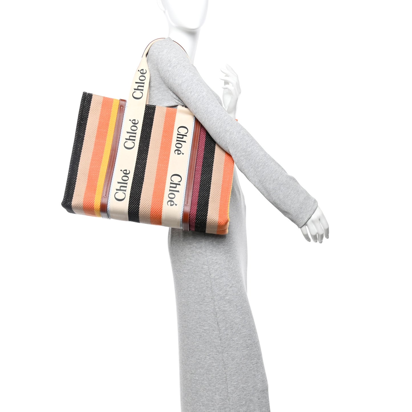 Cotton Calfskin Large Woody Striped Tote Multicolor