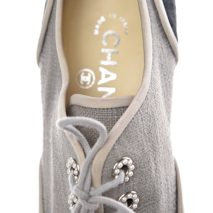Chanel Cotton Lace Up Wedge Espadrilles 38.5 Grey Navy Blue 10 of 15