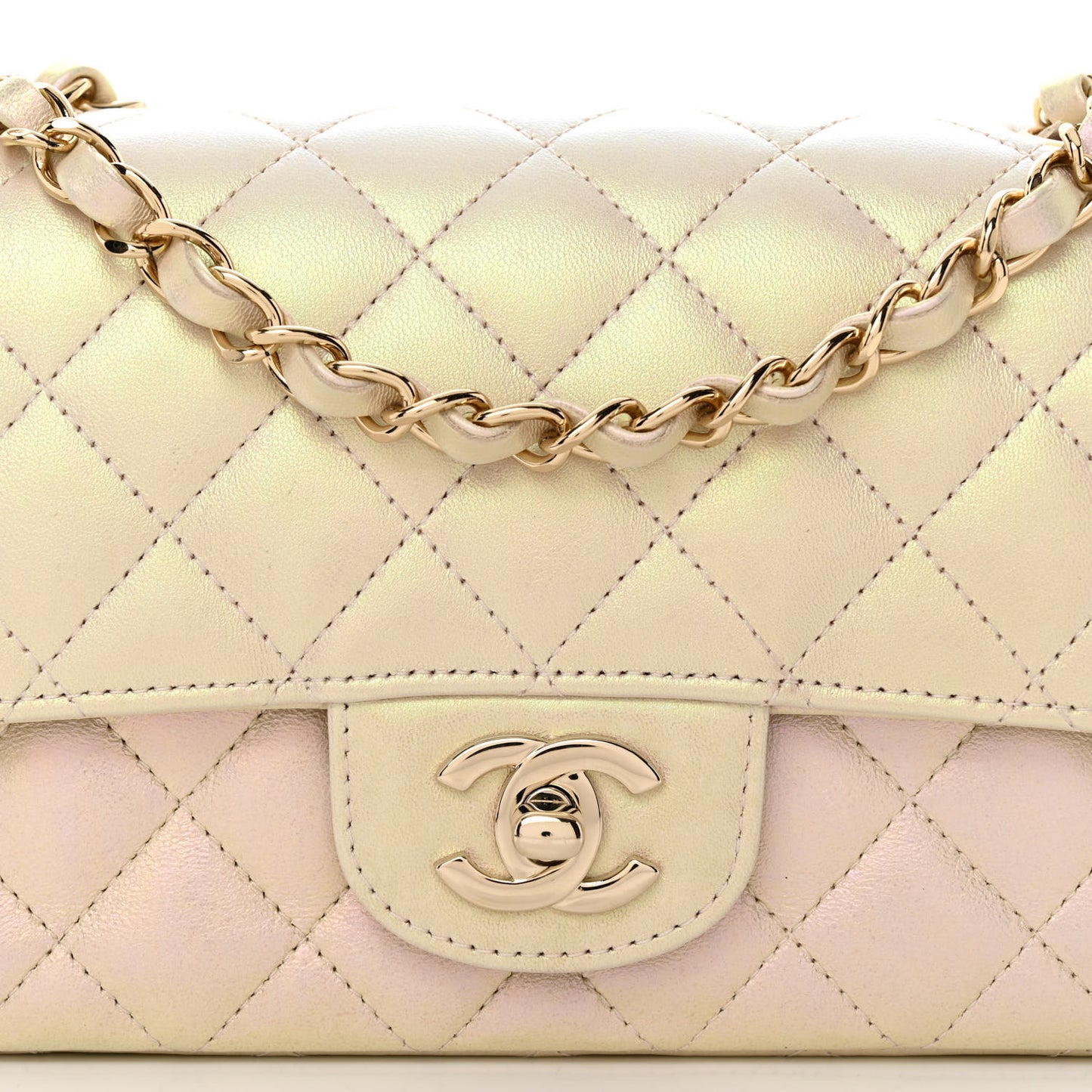 Iridescent Lambskin Quilted Mini Rectangular Flap Ivory
