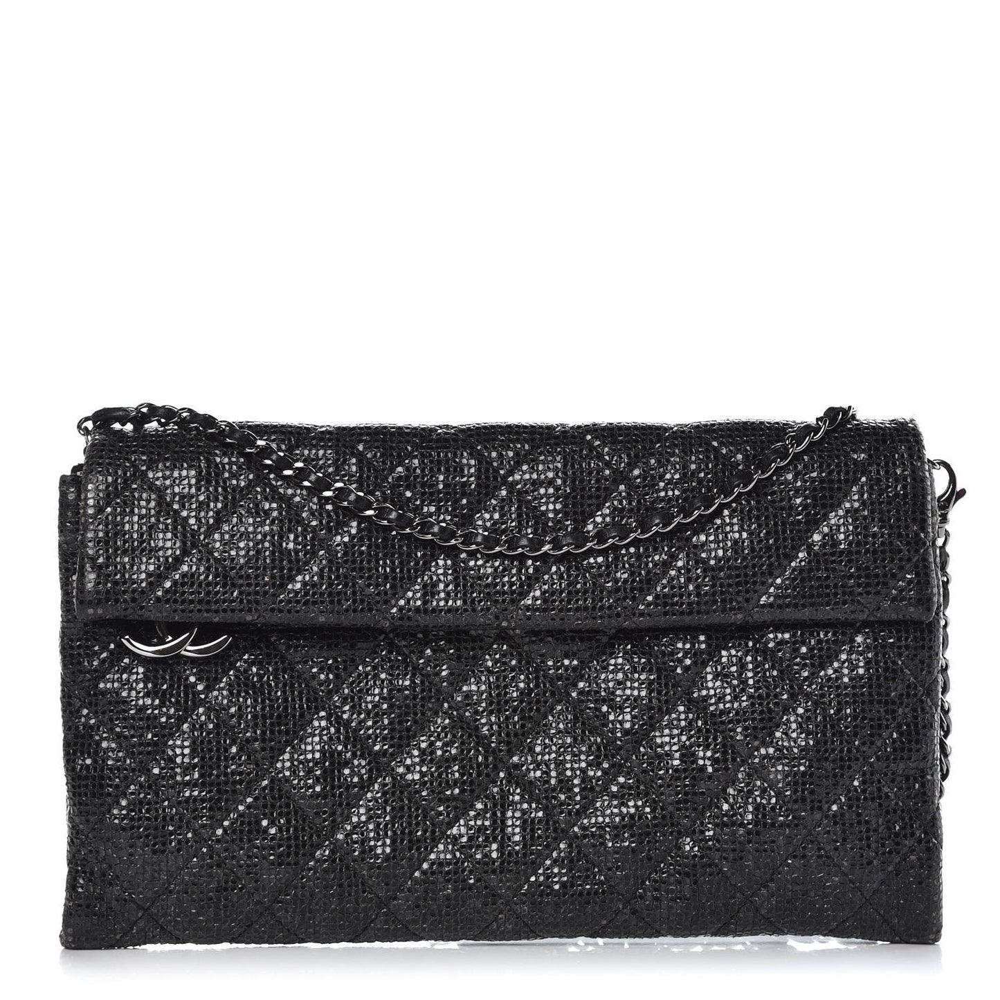 Iridescent Vinyl Quilted Clutch With Chain Black