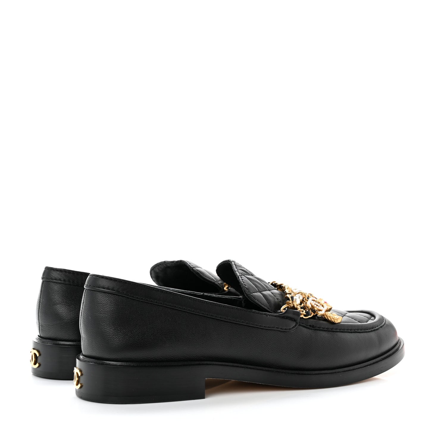 Lambskin Pearl Crystal Quilted CC Logo Jewelry Loafers 39 Black