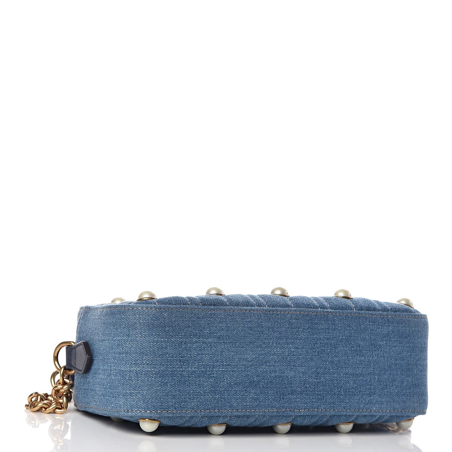 Denim Matelasse Pearl Studded Small GG Marmont Chain Shoulder Bag Blue