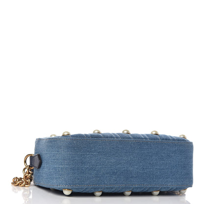 Gucci Denim Matelasse Pearl Studded Small GG Marmont Chain Shoulder Bag Blue 4 of 12