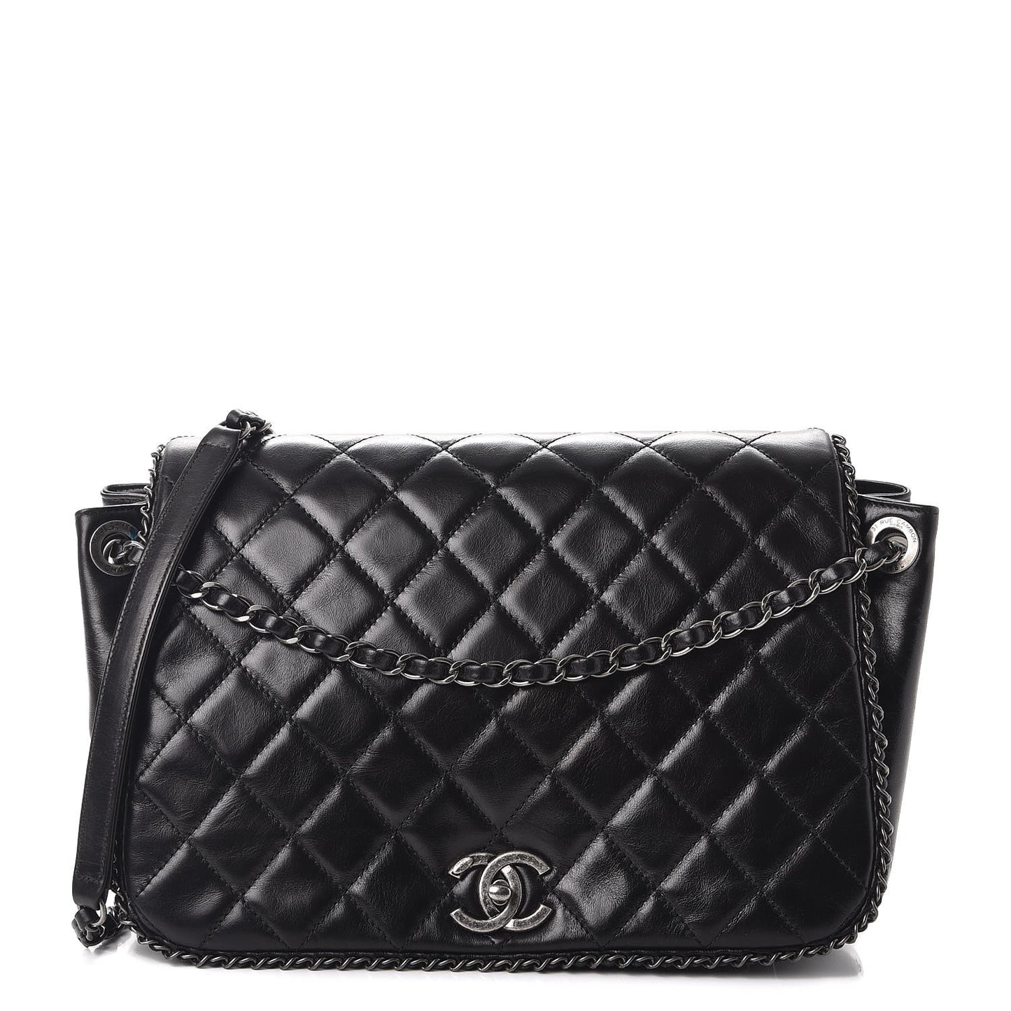Calfskin Quilted Large CC Enchained Accordion Flap Black