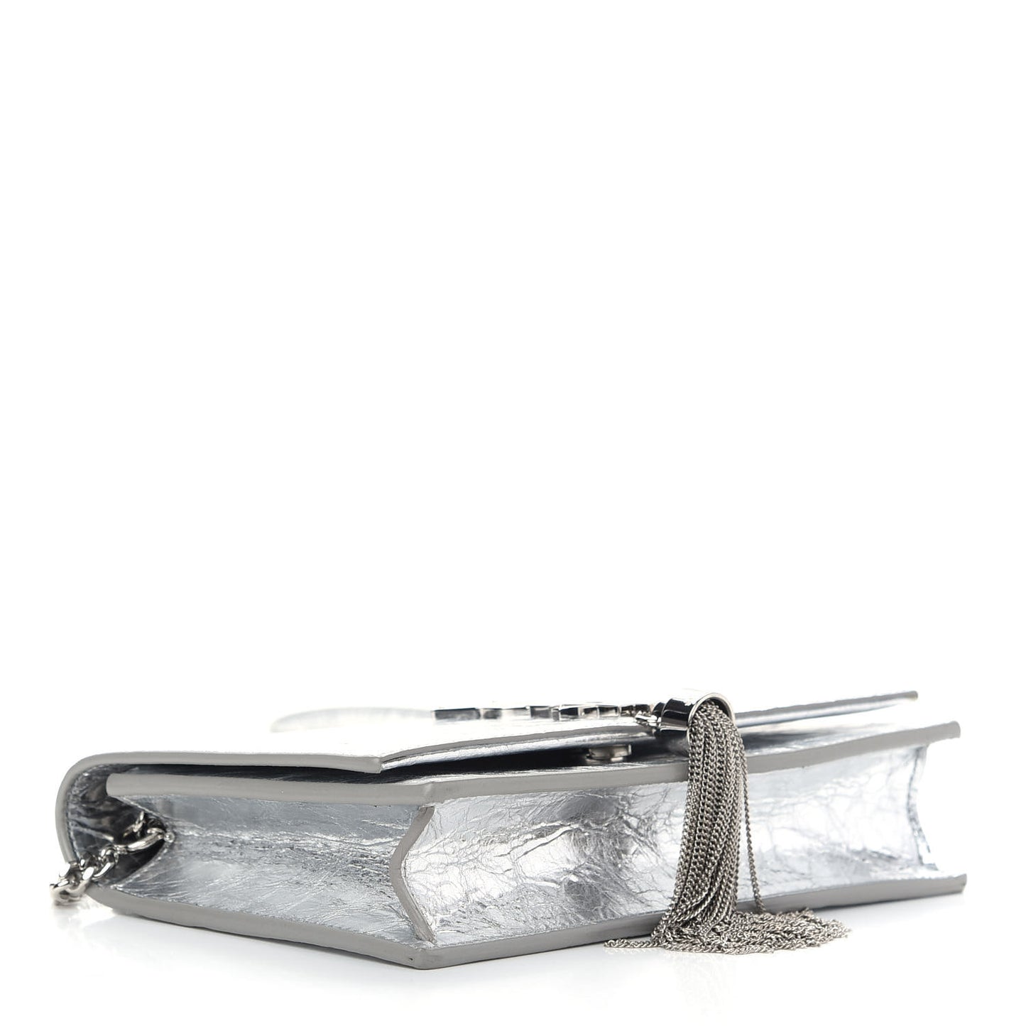Metallic Crackled Calfskin Kate Monogram Tassel Chain Wallet Argento
