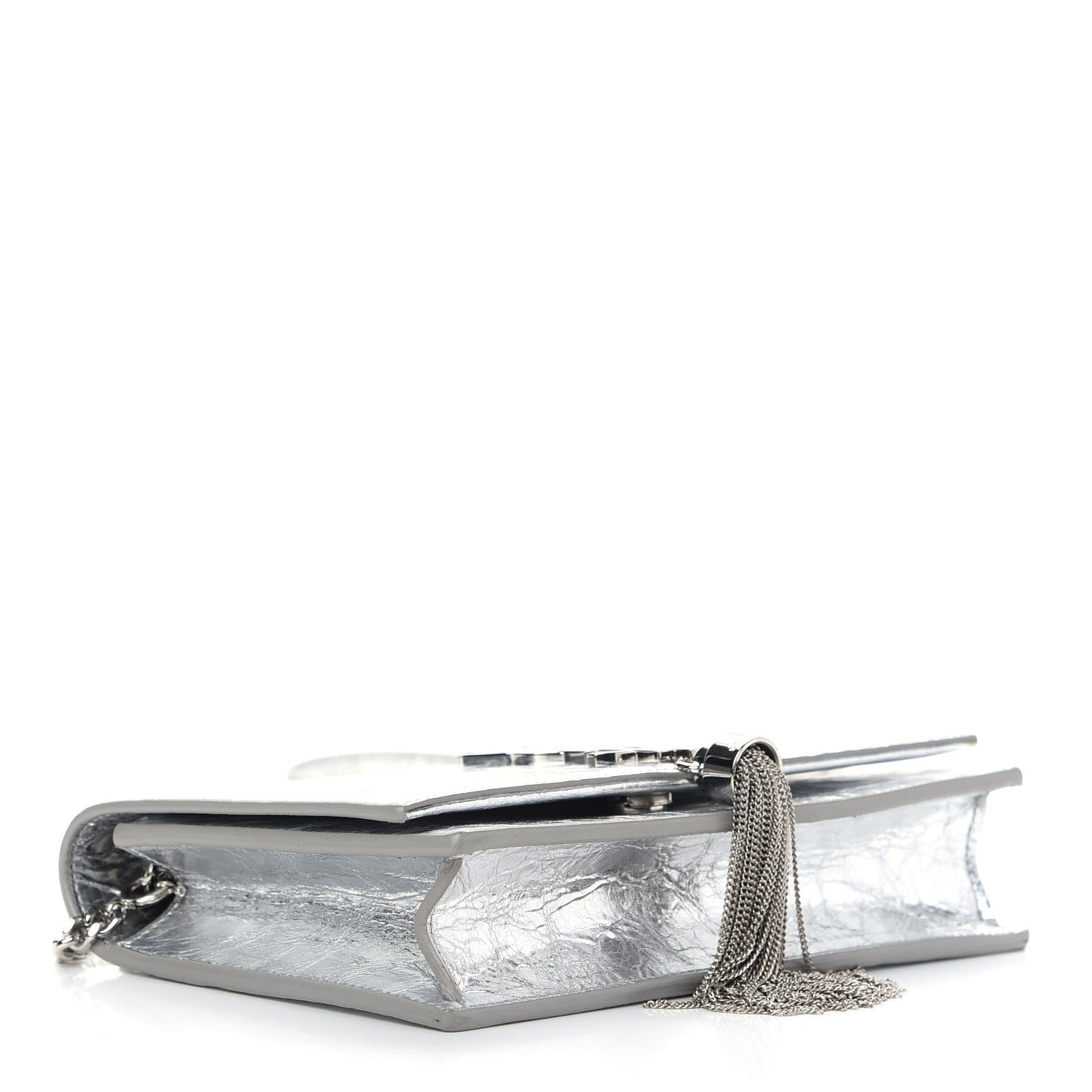 Saint Laurent Metallic Crackled Calfskin Kate Monogram Tassel Chain Wallet Argento 4 of 8