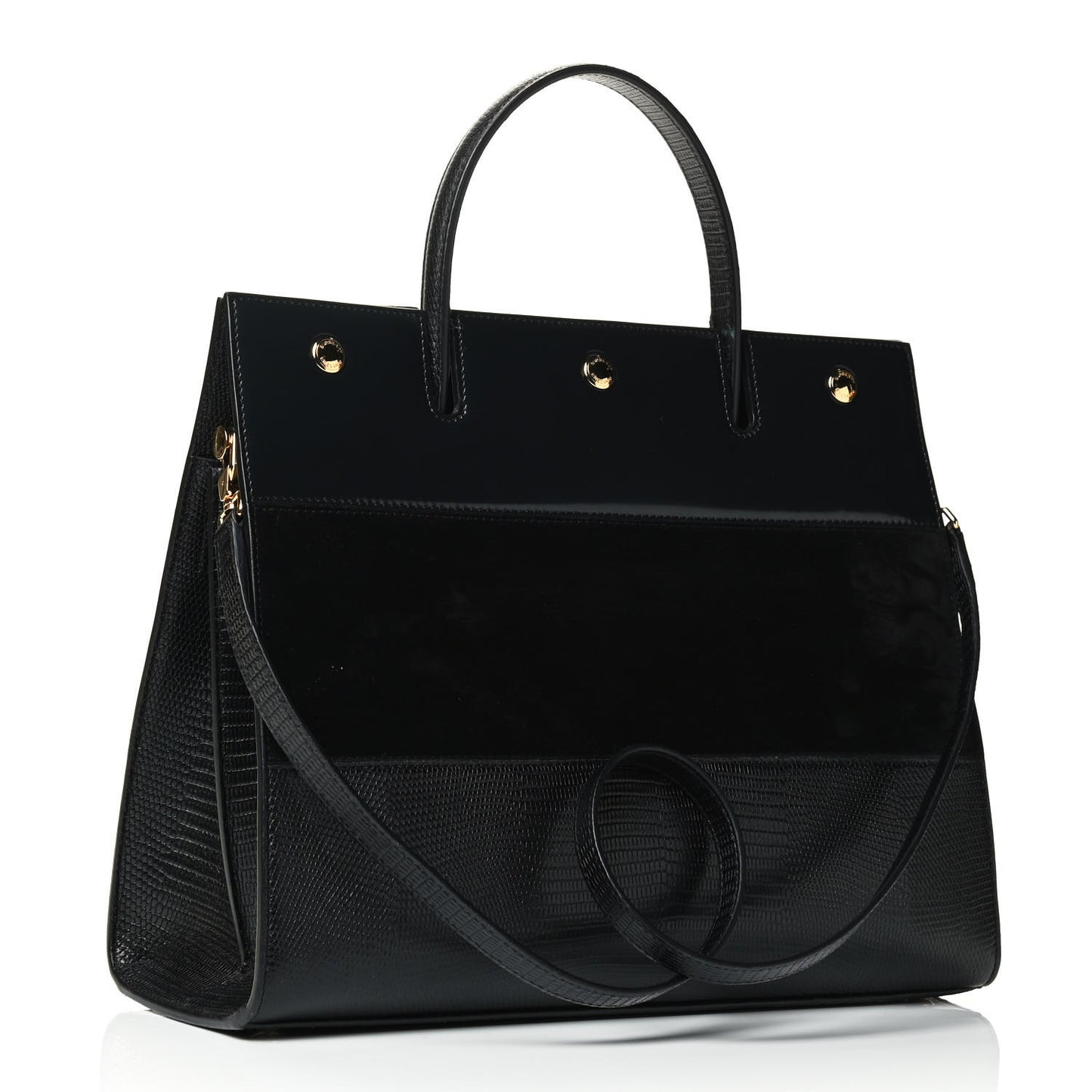 Deerskin Suede Lizard Embossed Calfskin Medium Title Bag Black