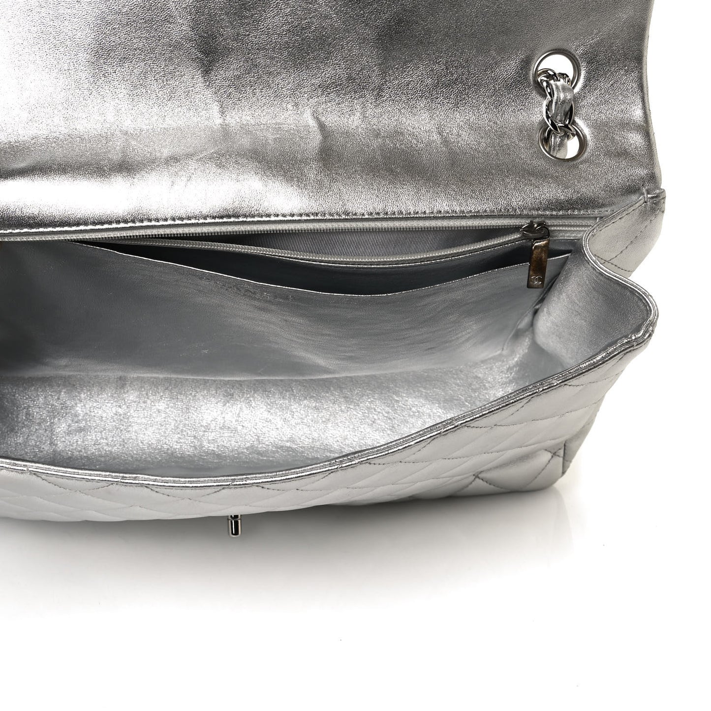 Metallic Lambskin Quilted Maxi Single Flap Silver