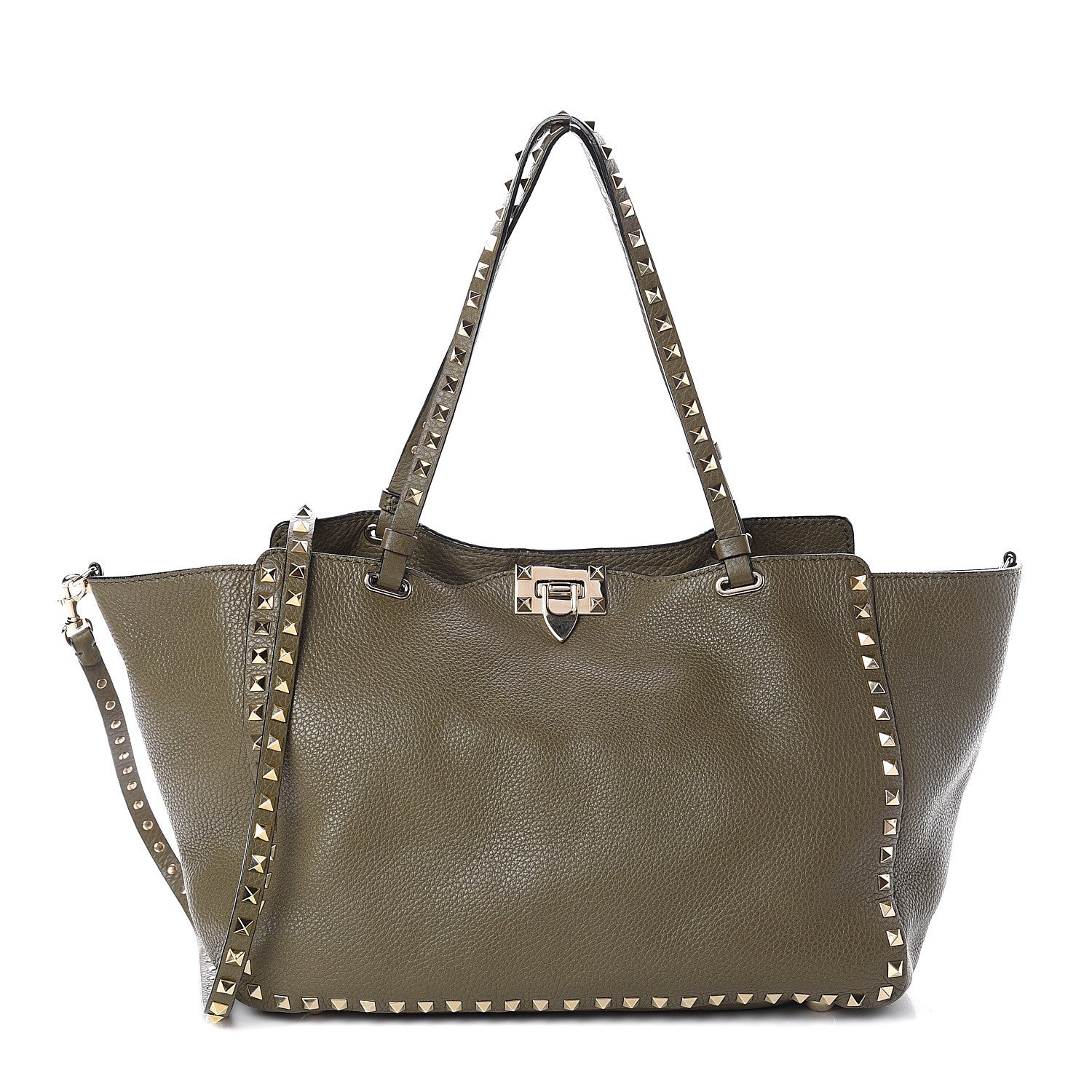 Valentino Garavani Pebbled Calfskin Medium Rockstud Tote Army Green 1 of 7