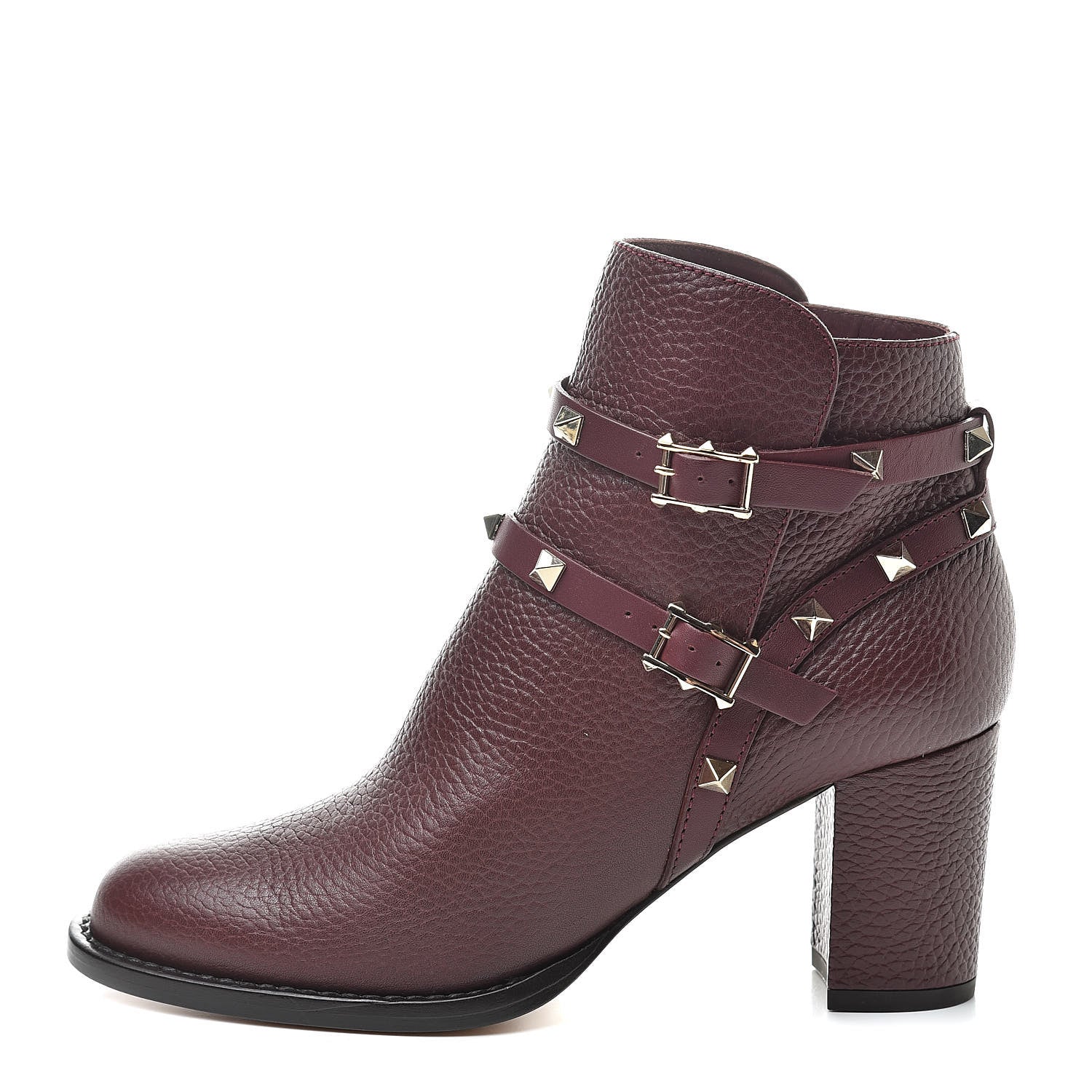 Valentino Garavani Pebbled Calfskin Rockstud Double Buckle 70mm Block Heel Ankle Boots 37 Rubin 1 of 8