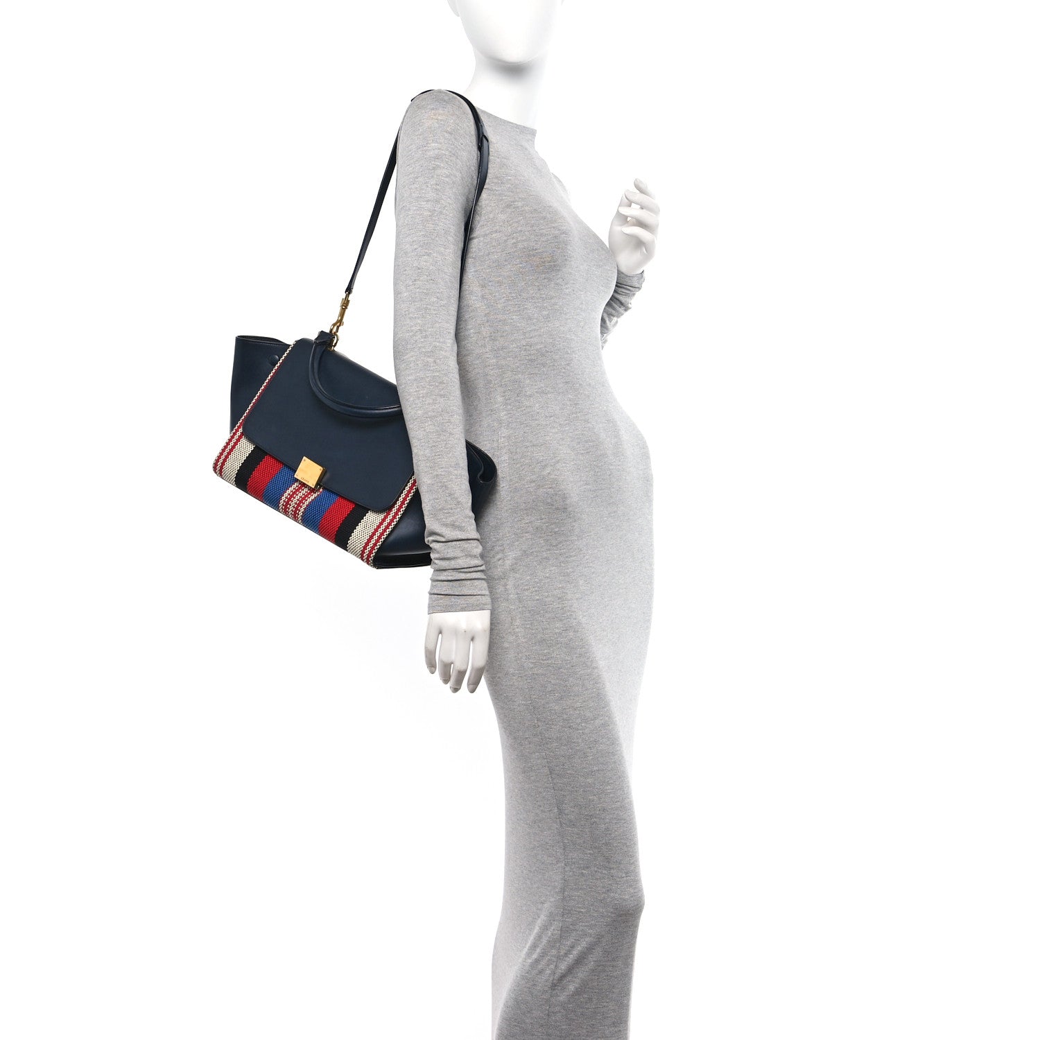 Celine Smooth Calfskin Striped Canvas Small Trapeze Navy Blue 2 of 9