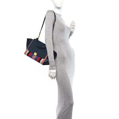 Celine Smooth Calfskin Striped Canvas Small Trapeze Navy Blue 2 of 9