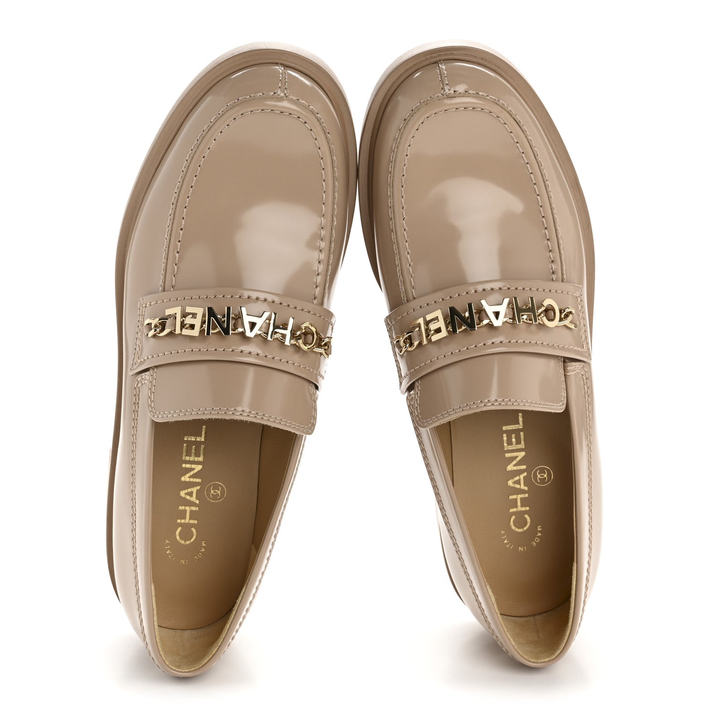 Shiny Calfskin Logo Loafers 40 Beige