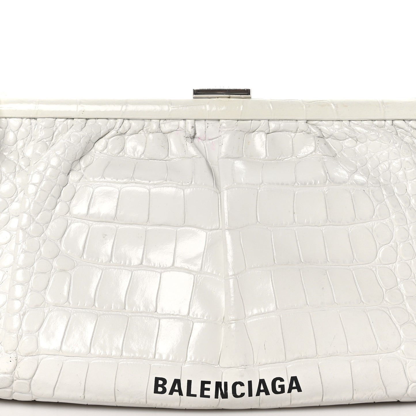 Shiny Supple Calfskin Logo Crocodile Embossed XL Cloud Clutch White
