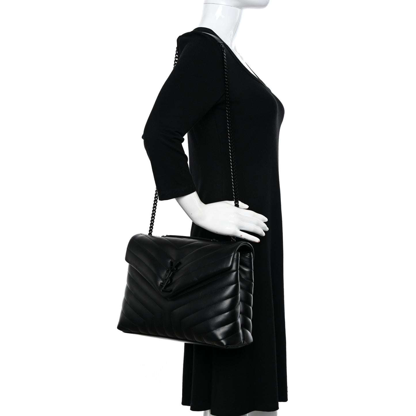 Calfskin Y Quilted Monogram Monochrome Medium Loulou Chain Satchel Black
