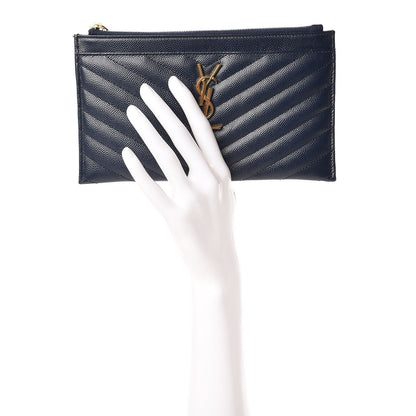 Saint Laurent Grain De Poudre Chevron Monogram Bill Pouch Navy 2 of 8