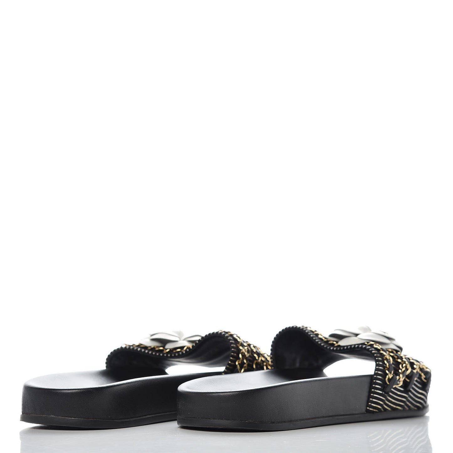 Calfskin Chain Camellia Flat Sandals 40 Black