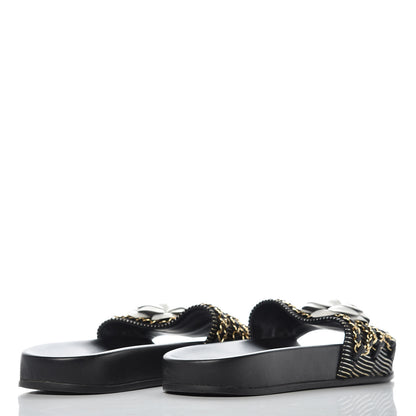 Chanel Calfskin Chain Camellia Flat Sandals 40 Black 4 of 8