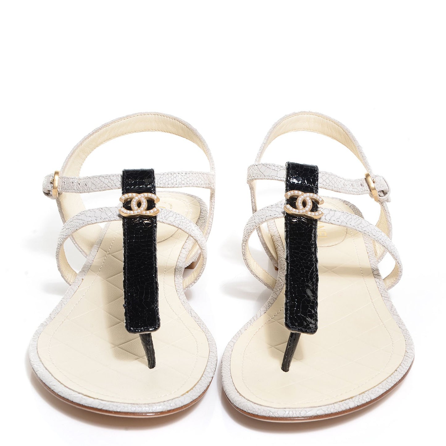Calfskin Pearl CC Sandals 38 Black White
