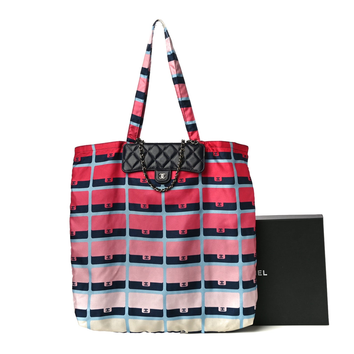Jersey Fabric Quilted Foldable Tote With Chain Pink Multicolor