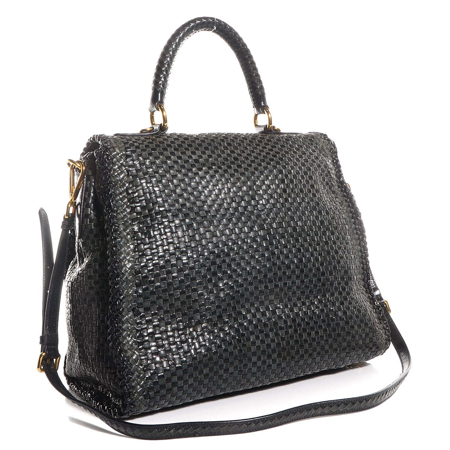 Prada Goatskin Woven Top Handle Satchel Baltico Black 3 of 10