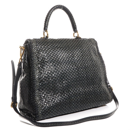Prada Goatskin Woven Top Handle Satchel Baltico Black 3 of 10