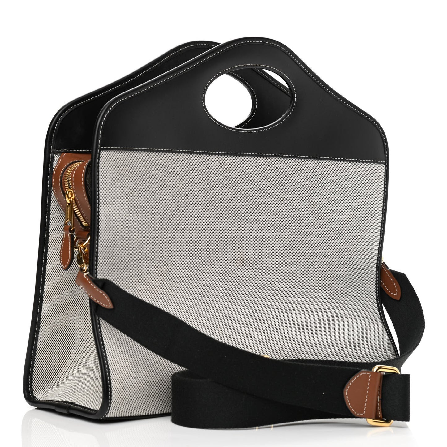 Canvas Smooth Calfskin Two Tone Medium Pocket Bag Black
