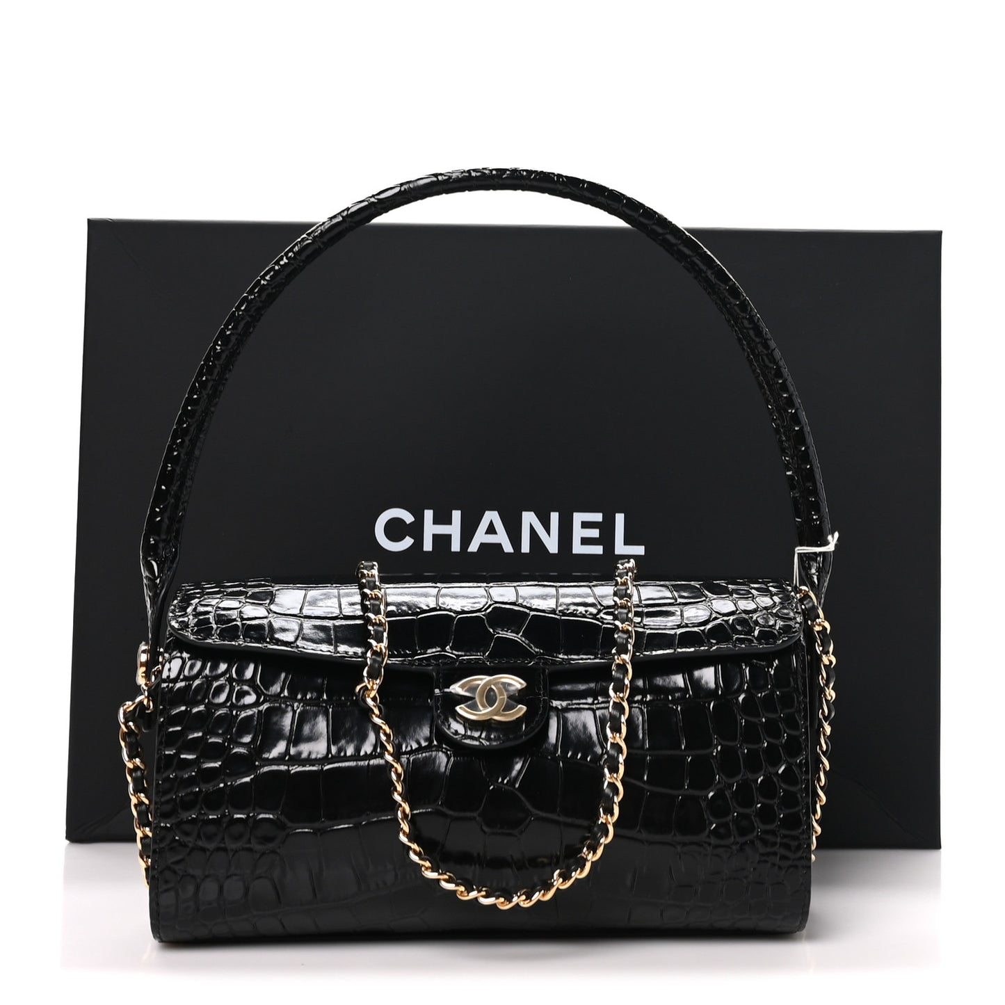 Calfskin Crocodile Embossed Turn Around Clutch With Chain Black