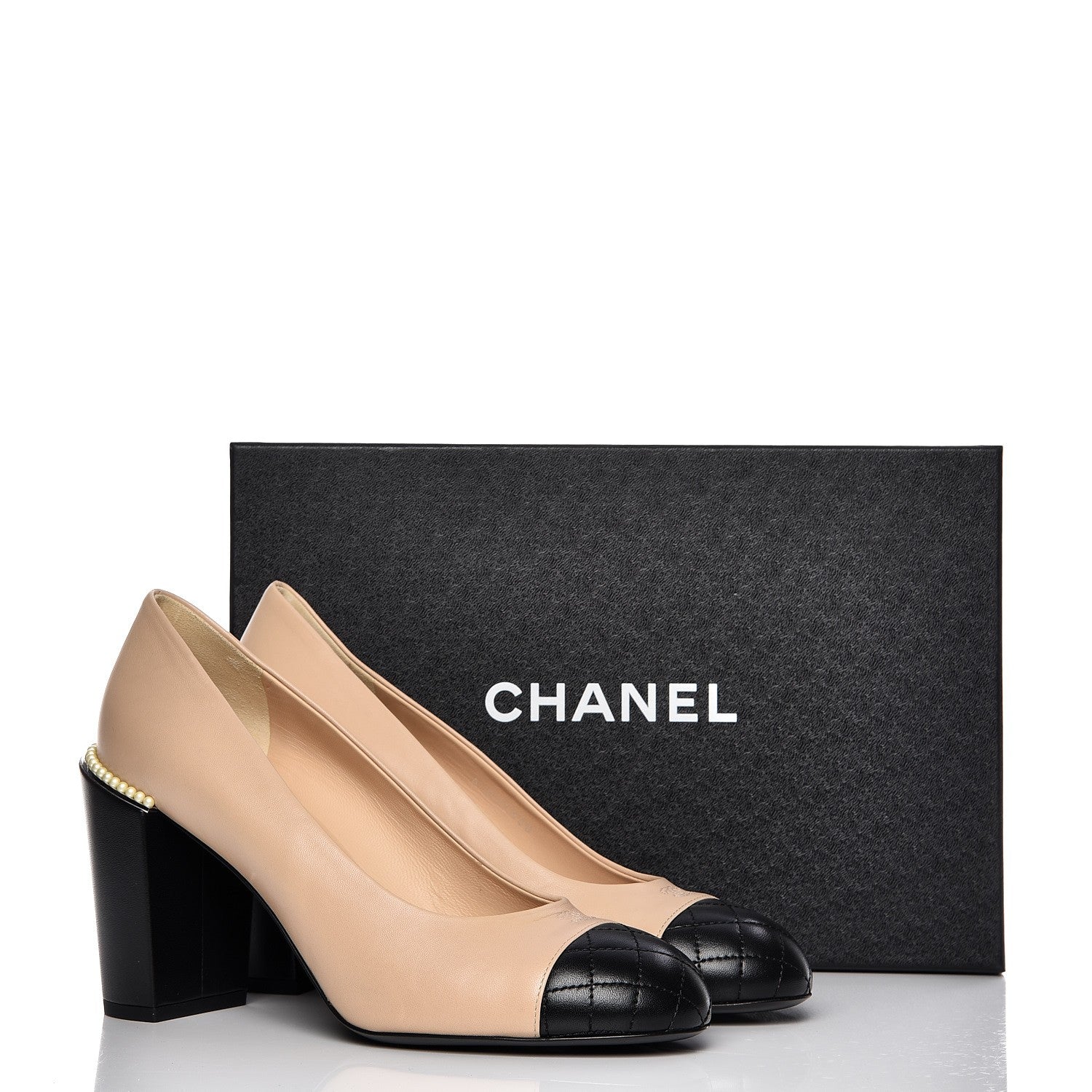 Chanel Lambskin Pearl Cap Toe Pumps 40.5 Beige Black 8 of 8