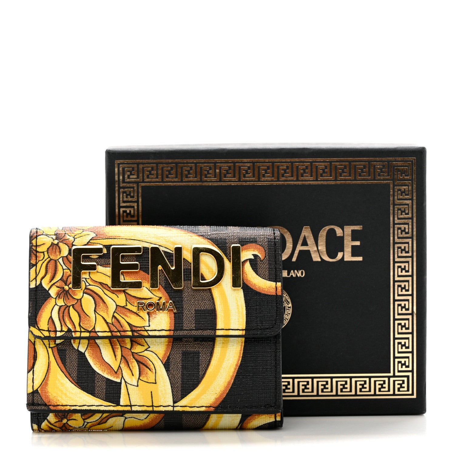 Fendi X VERSACE Glazed Fabric Fendace FF Baroque Micro Tri-Fold Wallet Gold Tobacco Black 7 of 7