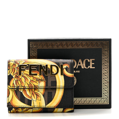 Fendi X VERSACE Glazed Fabric Fendace FF Baroque Micro Tri-Fold Wallet Gold Tobacco Black 7 of 7