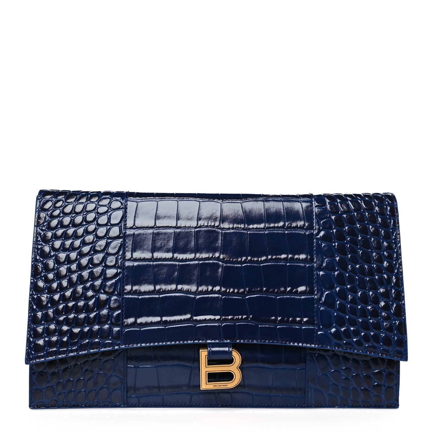 Balenciaga Shiny Calfskin Crocodile Embossed Hourglass Flap Flat Pouch Navy Blue 1 of 7