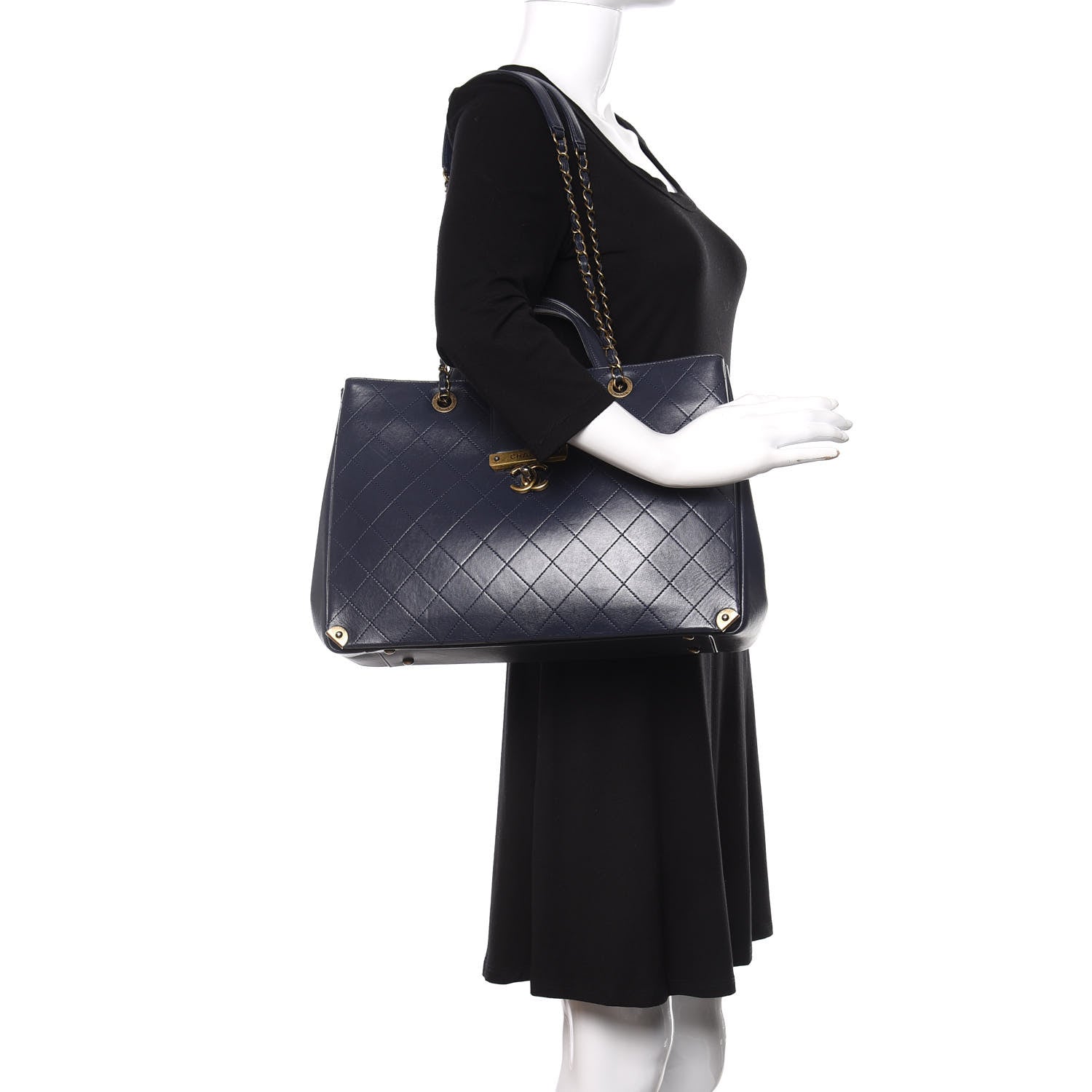 Chanel Lambskin Stitched Large Around The Corner Shopping Tote Deep Marine 2 of 15