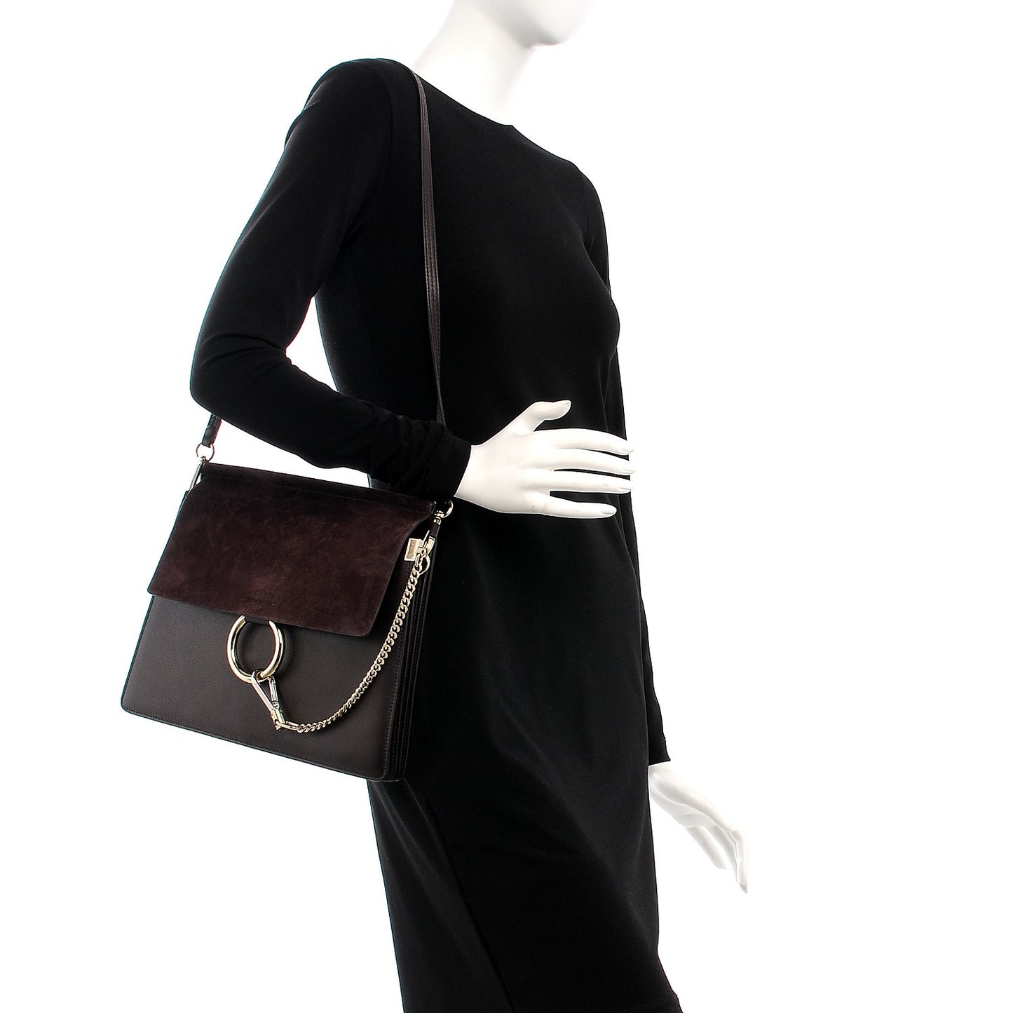 Calfskin Suede Medium Faye Shoulder Bag Carbon Brown